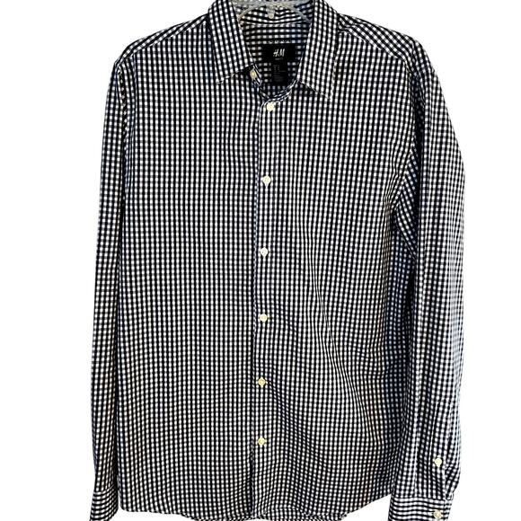 H&M Men's Shirt Medium M black Checked Dress Button Down Top Size 15 Neck - Picture 1 of 9